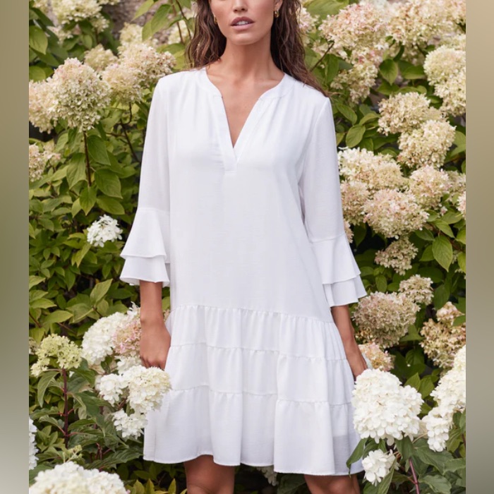 Nwot Joseph Ribkoff White Tiered Belle Sleeve Dress - 12